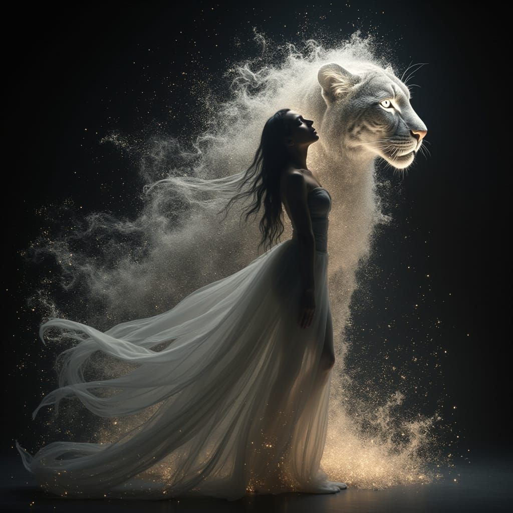 Ethereal Goddess Unites with Wild Panther in Surreal Fusion