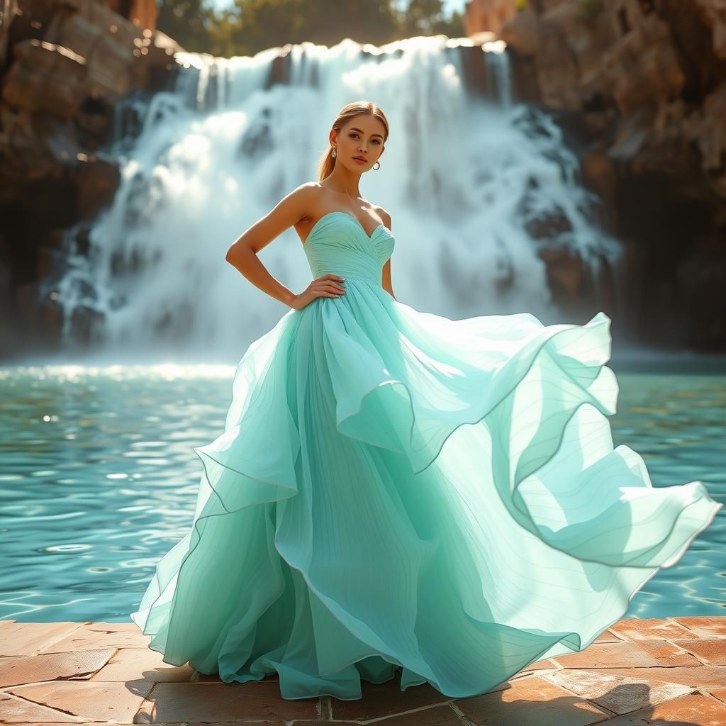 Aqua Gown Fashion Editorial by Waterfall