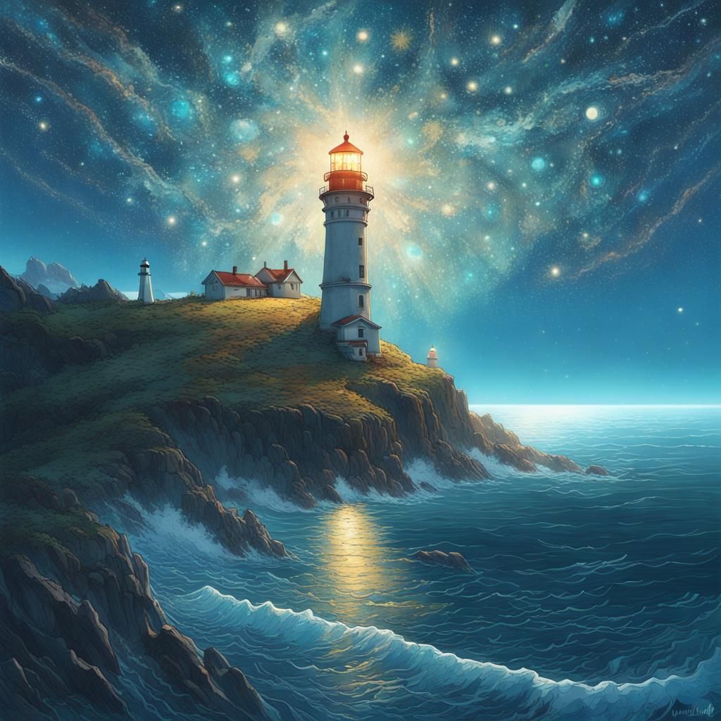 Surreal Lighthouse Under Starry Sky Digital Art