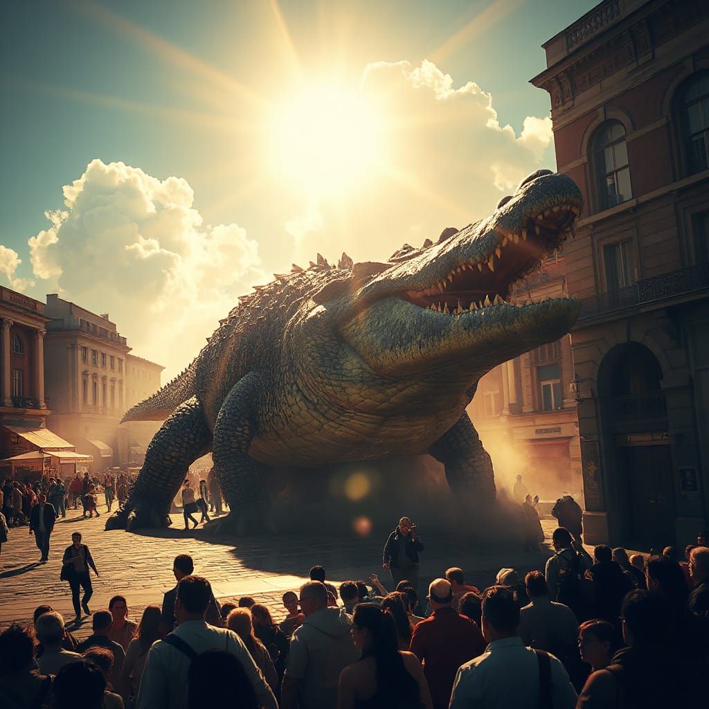 Giant Crocodile Terrorizes City Square in Digital Art Style