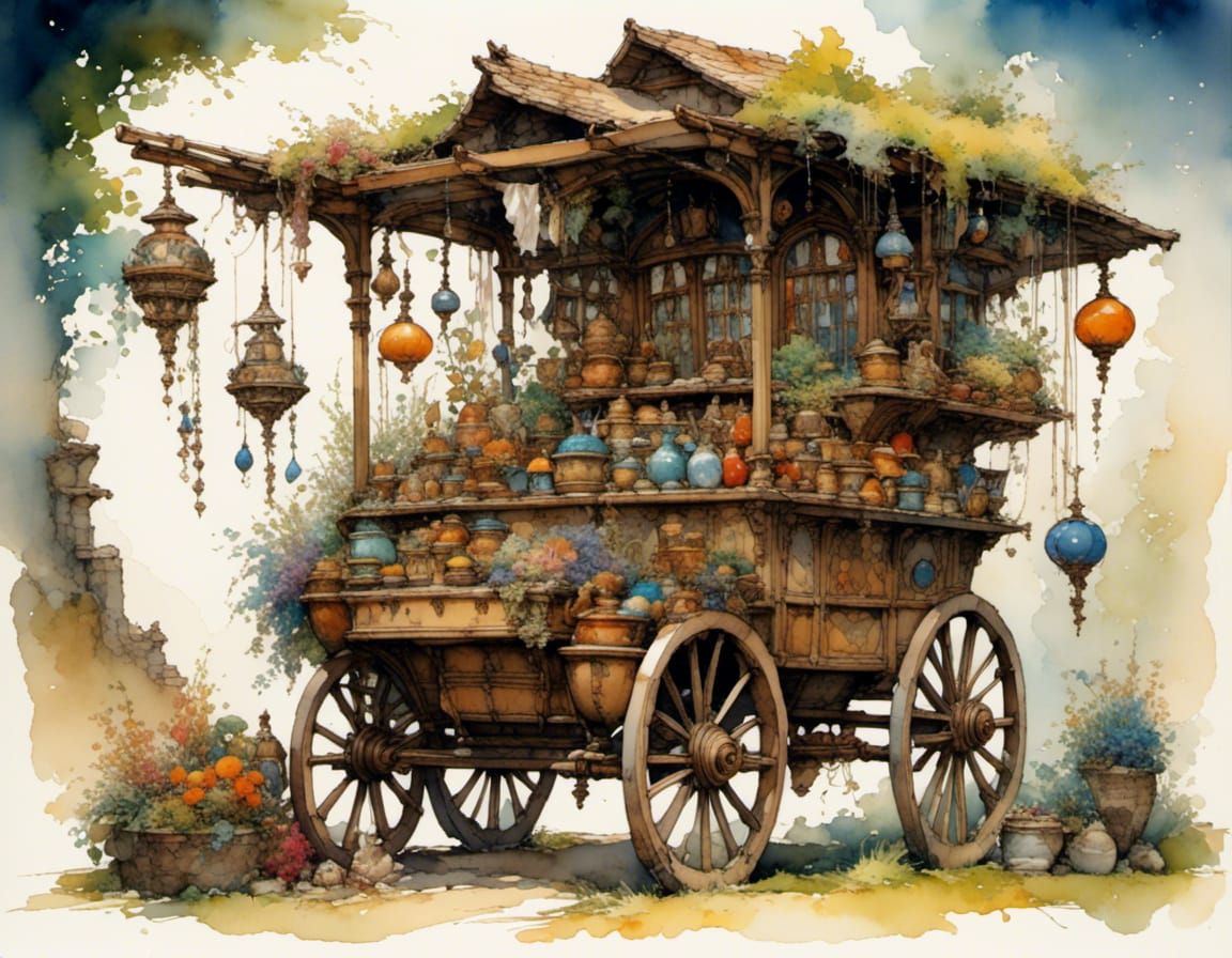 Whimsical Medieval Peddler's Cart, Anime Concept