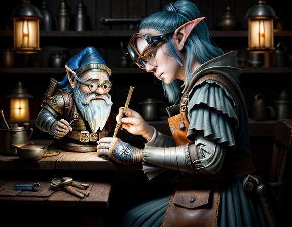 Gnome Repairs Automaton in Dark Fantasy Illustration