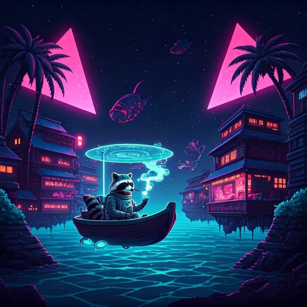 Surreal Cyberpunk Floating Market Suspended Above Neon Ocean