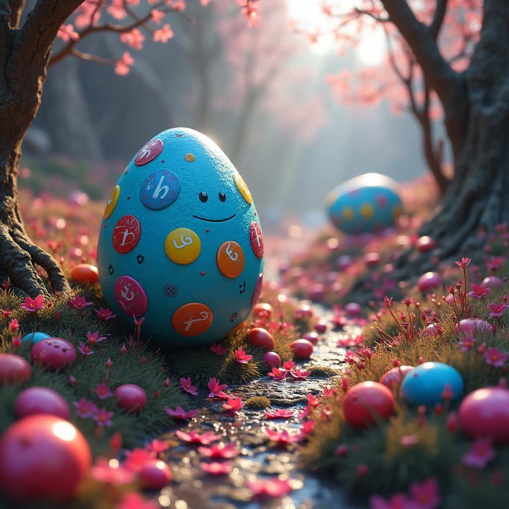 Dreamlike Landscape with Vibrant Epiphany Eggs