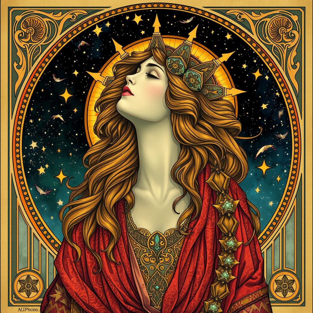 Celestial Fantasy Portrait in Art Nouveau Style