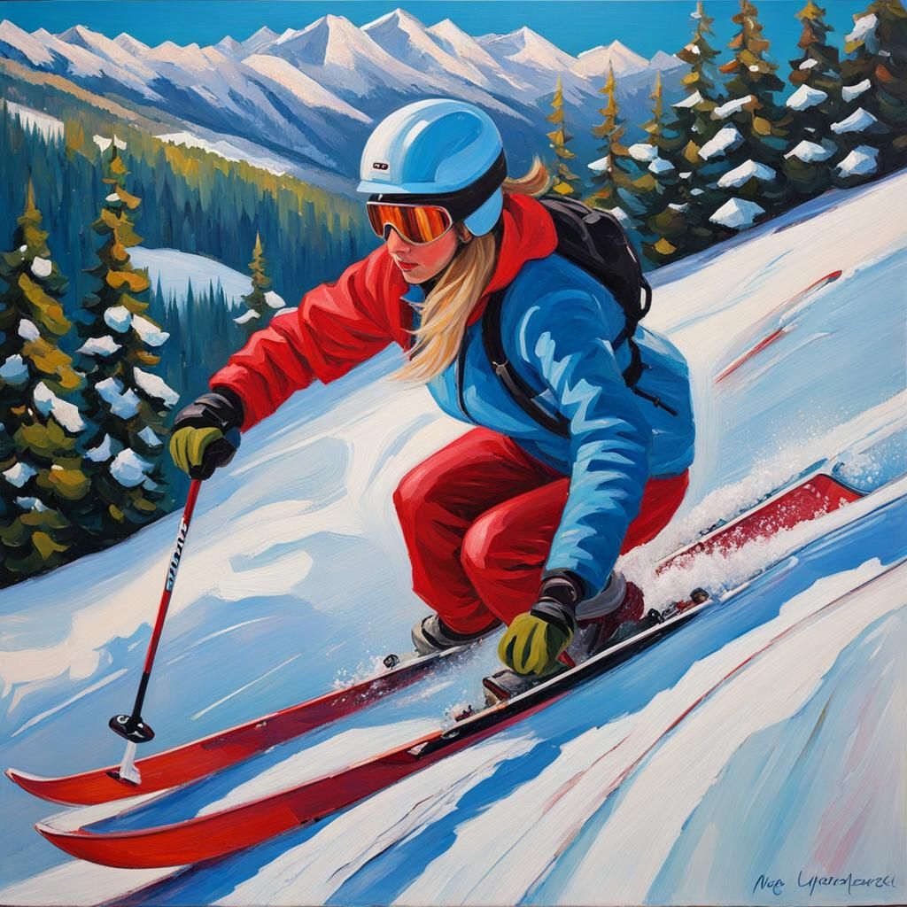 Blonde Woman Skiing: An Expressionist Oil Painting