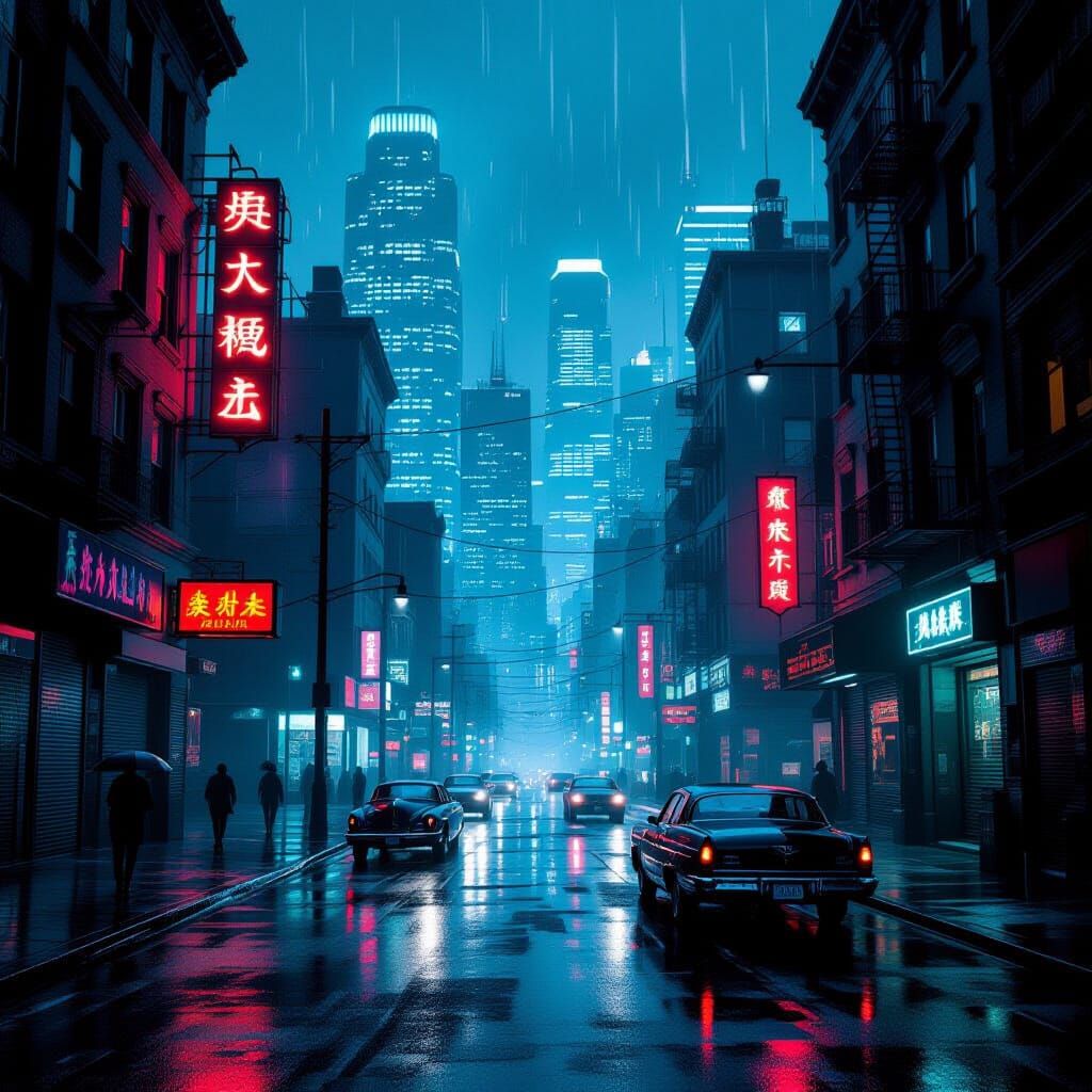 Neon-Lit Urban Decay in Neo-Noir Style