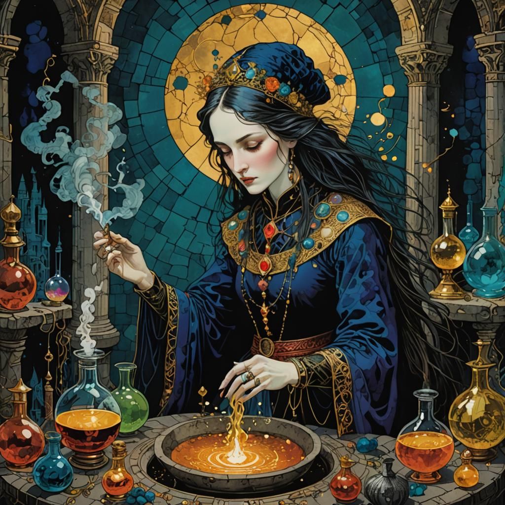 Mystical Sorceress Creating Potions in Harry Clarke Style