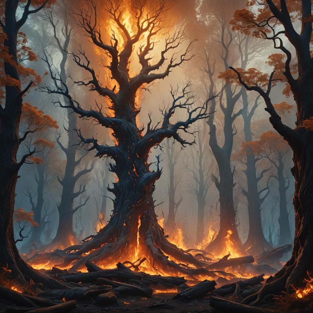 Mystical Forest Engulfed in Flames: Fantasy Concept Art