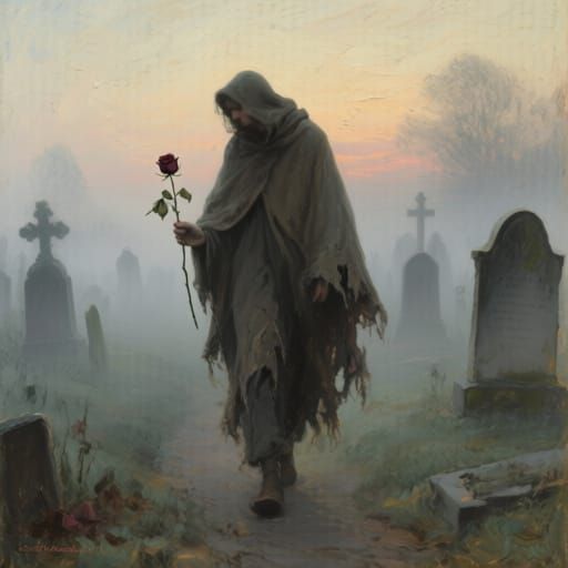 Melancholic Figure in Misty Graveyard at Dusk