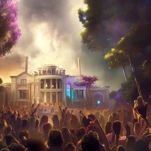Epic Cinematic Party Scene in Maximalist Digital Style