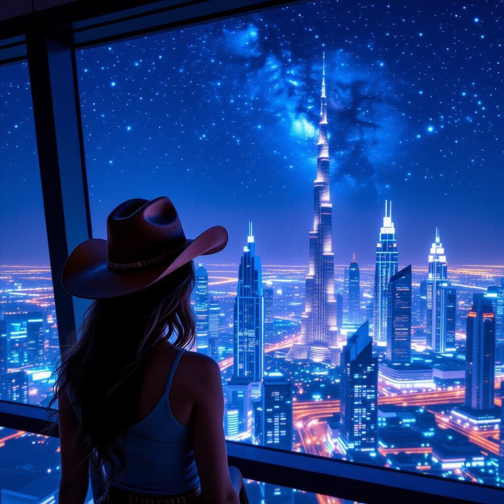 Cowgirl Overlooking Neon Cityscape from Penthouse