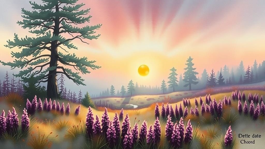 Misty Sunrise Over Irish Moor in Pastel Tones