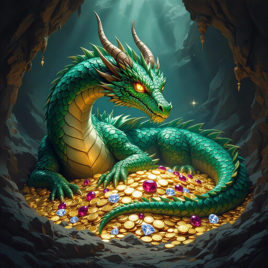 Emerald Dragon Guards Vast Treasure Hoard