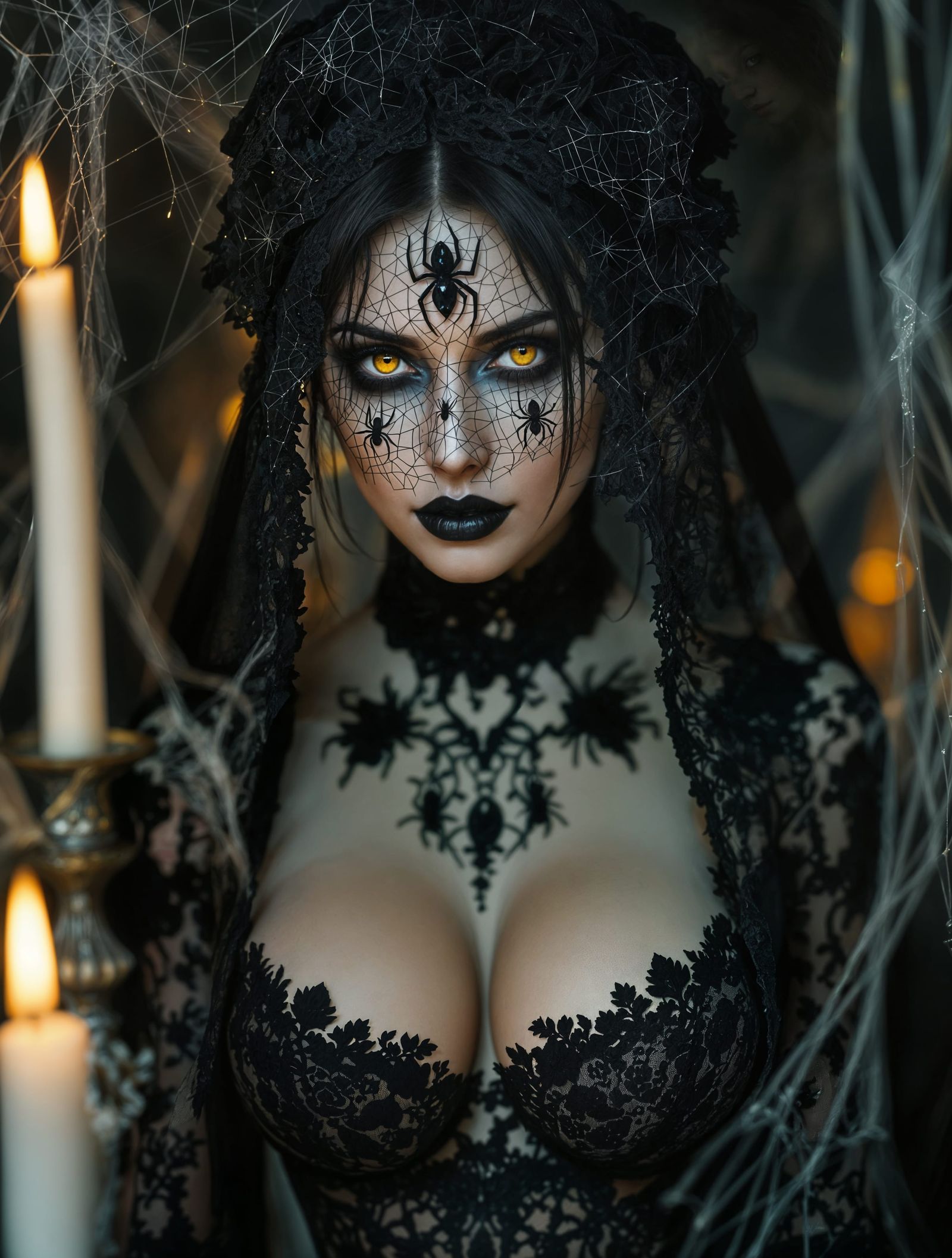 Mysterious Woman in Black Lace and Candlelight