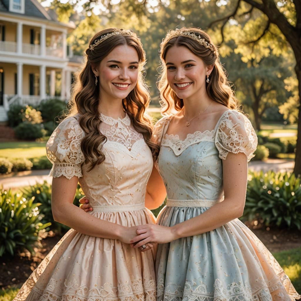 Two Women in Matching Southern Belle Dresses Posing Together