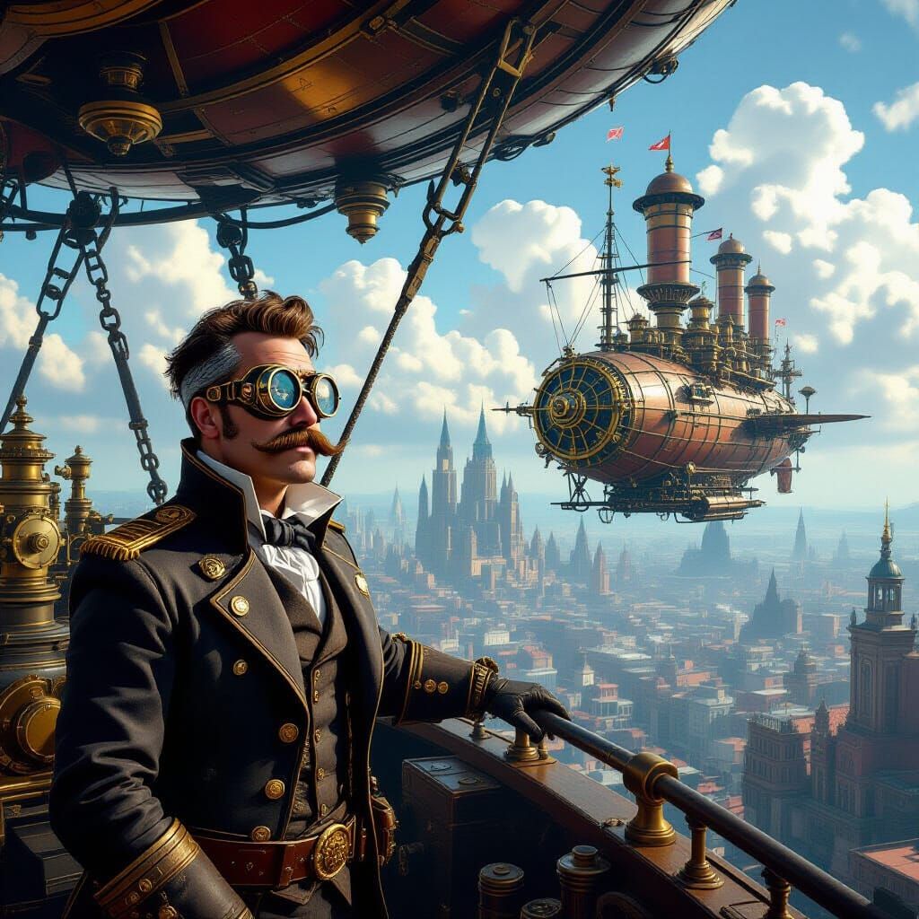 Steampunk Airship Captain Overlooking Cog City as Matte Pain...