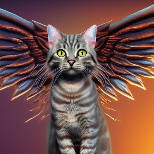 Silver Tabby Cat with Angel Wings in Detailed Painting