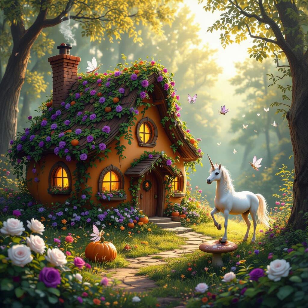Fantasy Pumpkin Cottage in Sunlit Forest