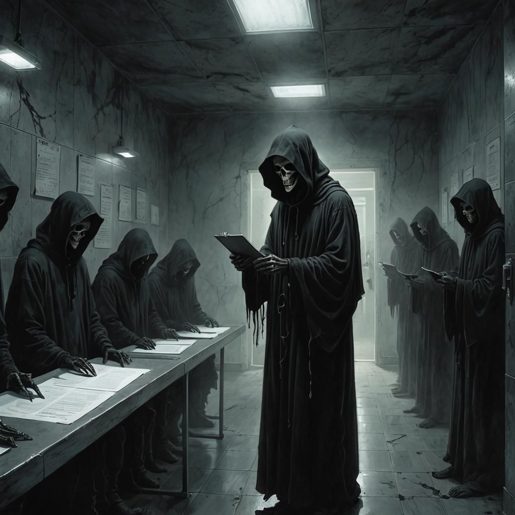 Grim Reaper's DMV Visit: Dark Fantasy Illustration