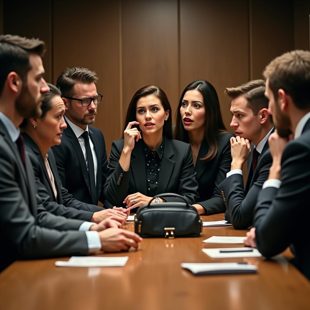 Colleagues' Reactions Around Meeting Table in Cinematic Styl...