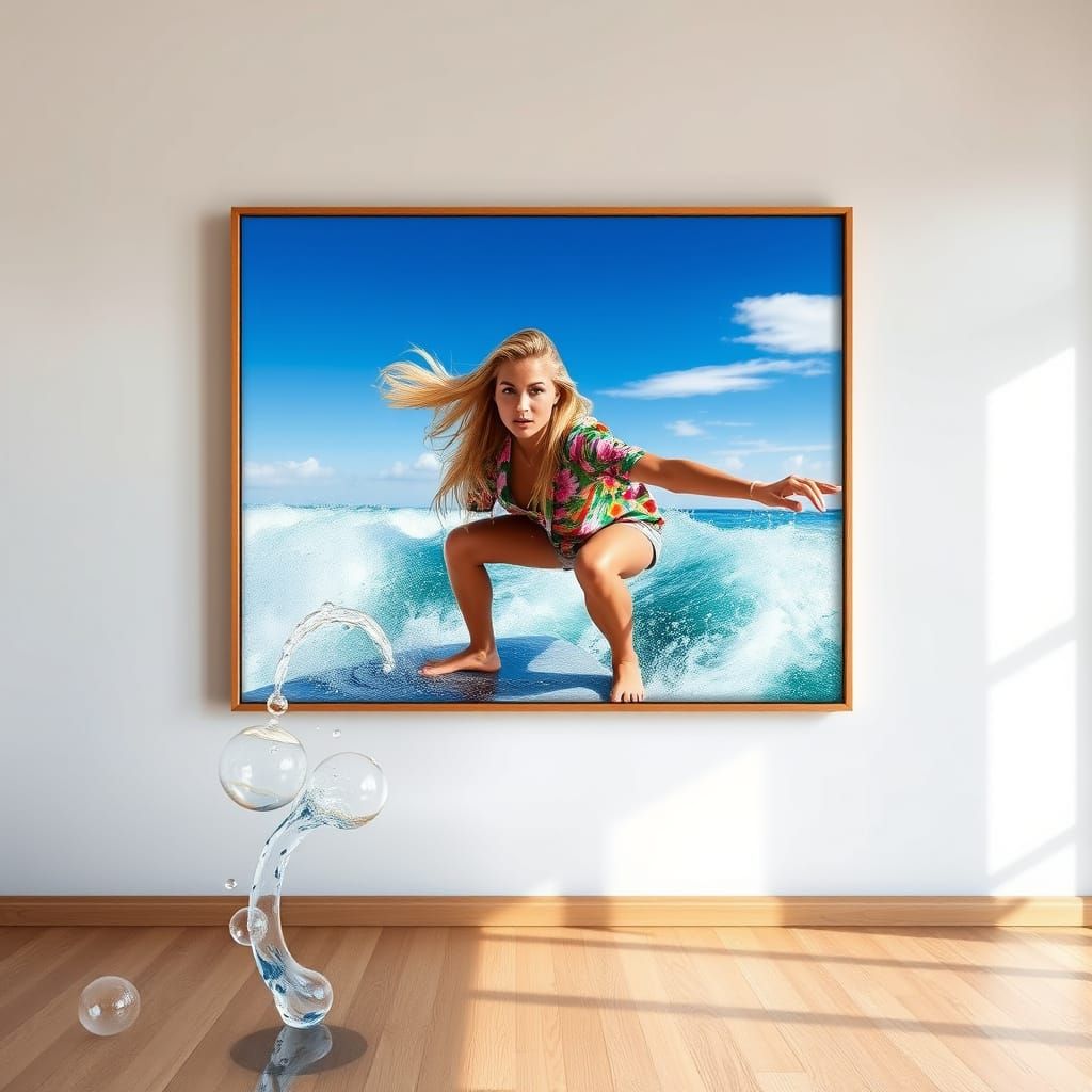 Surfer Girl Rides Wave in Realistic HDR Photo