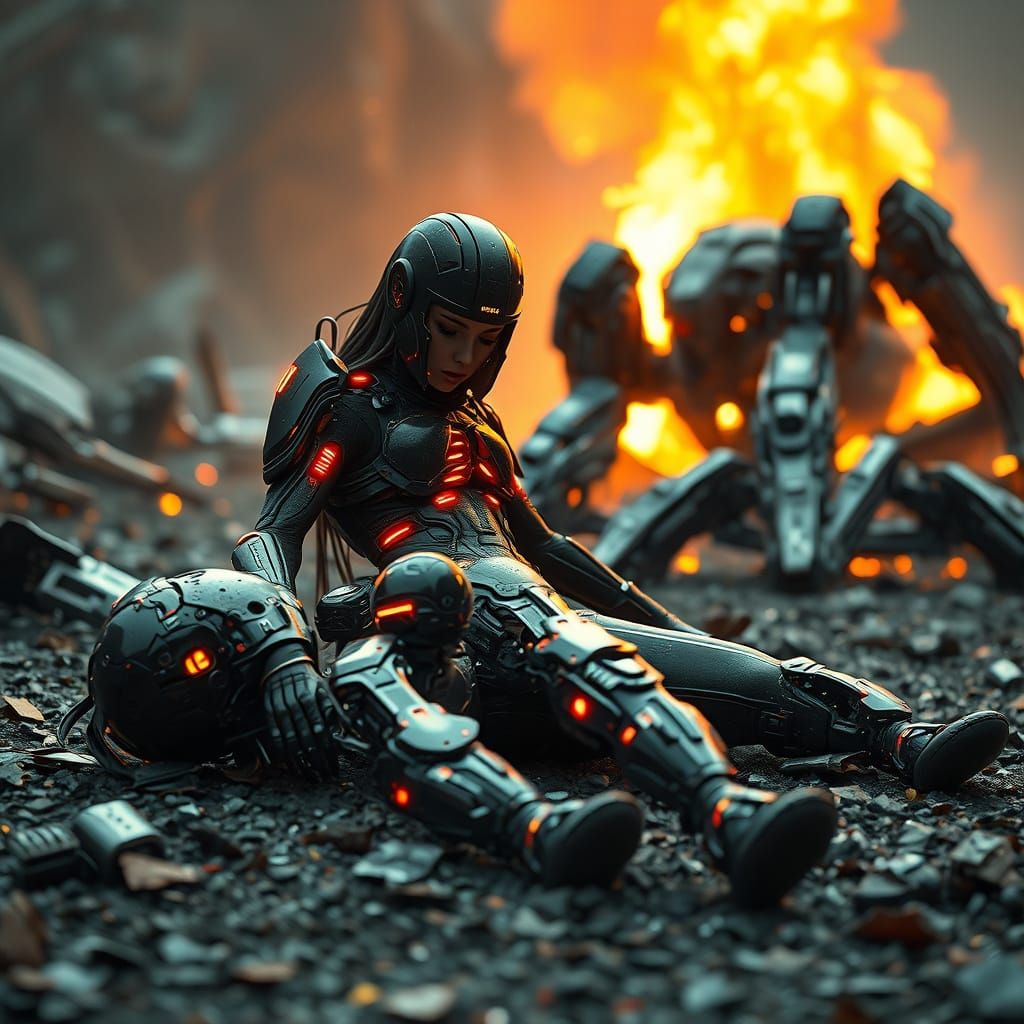 Cyberpunk Warrior Defeated on a Metallic Battlefield