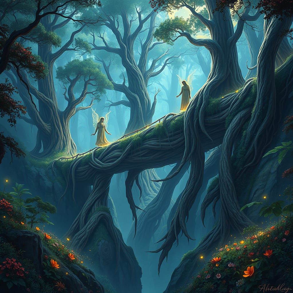 Root Bridge in Primeval Forest with Ancient Spirits