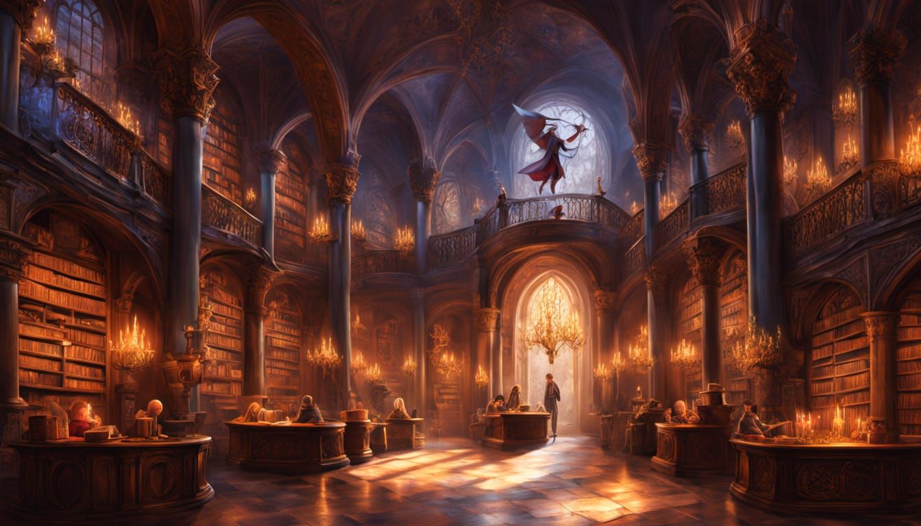 Wizard Librarian Casting Spell in Grand Library