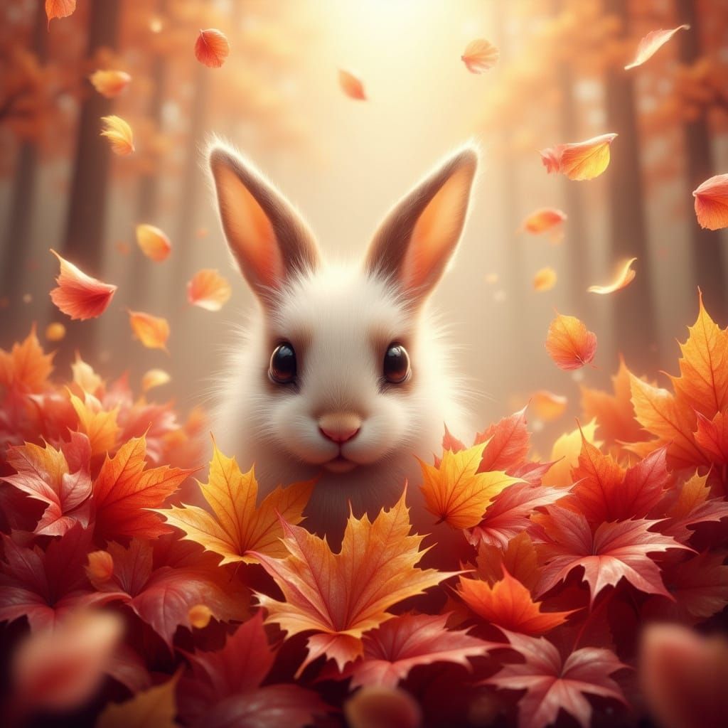Fluffy Bunny Peeks From Autumn Leaves in Storybook Style