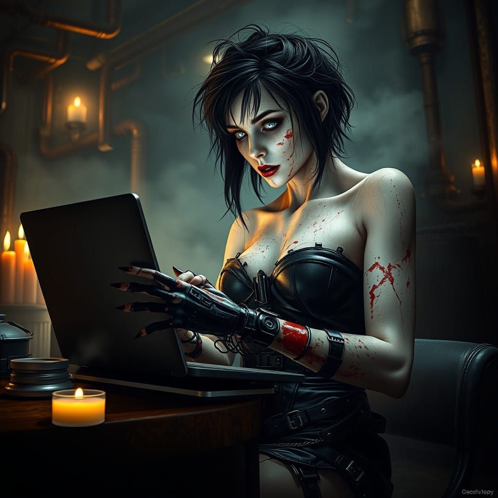 Steampunk Cyborg Woman in Bloody, Dark Setting