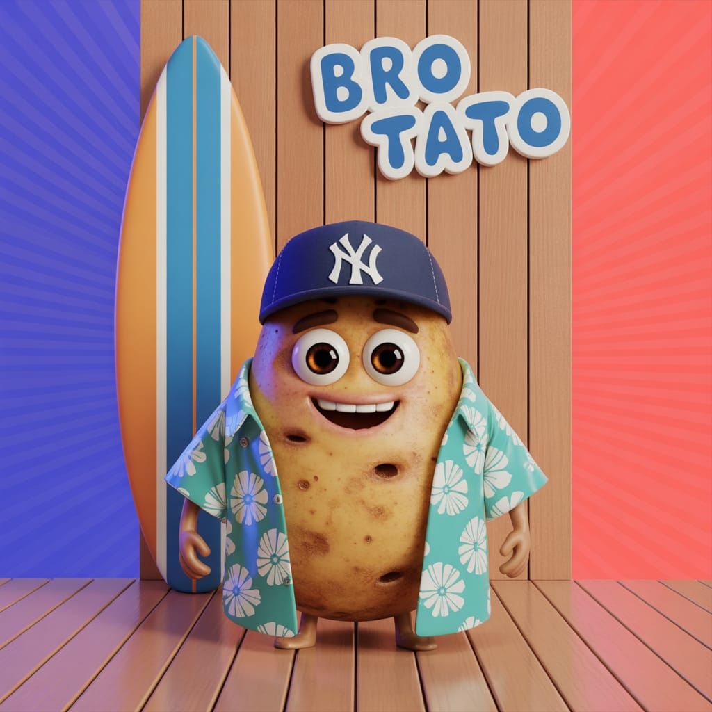 Cute Potato Character with Surfboard, Pixar Style