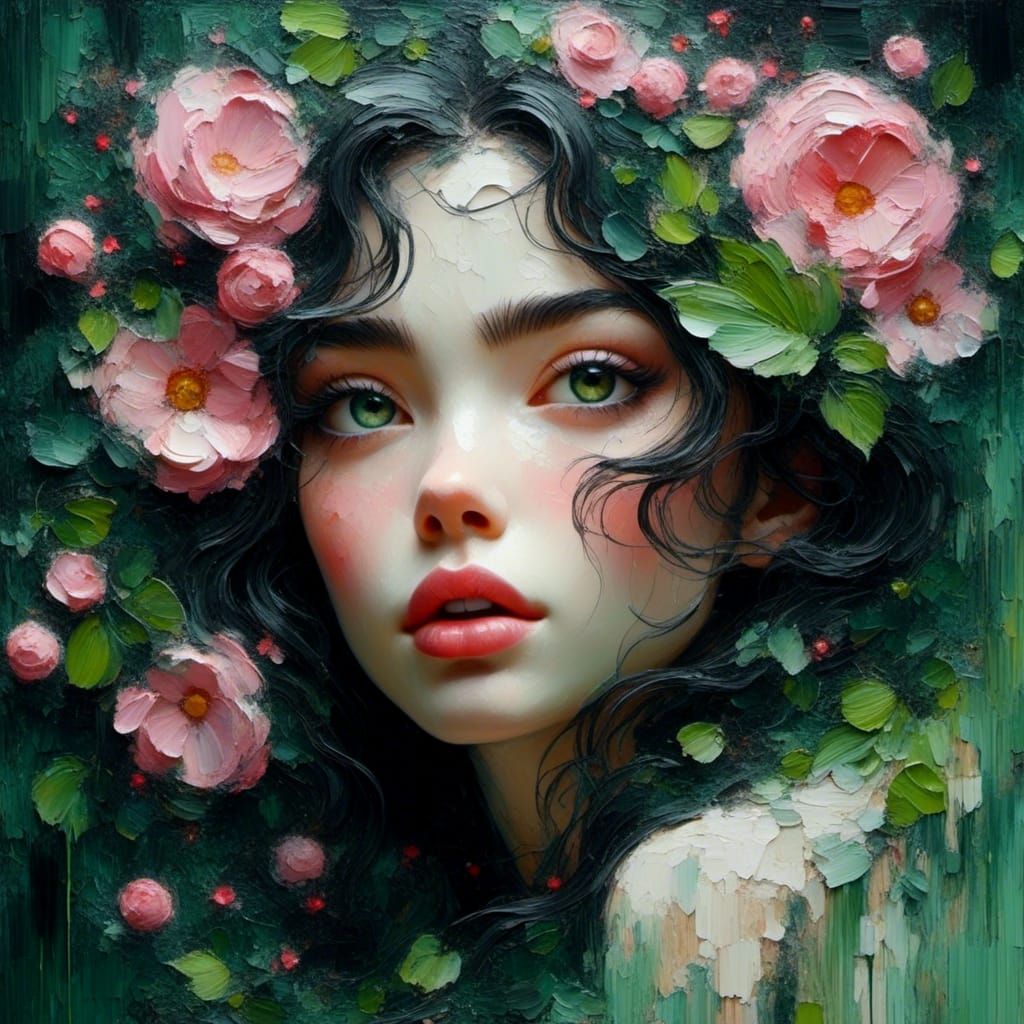 Art Nouveau Snow White in Floral Oil Painting