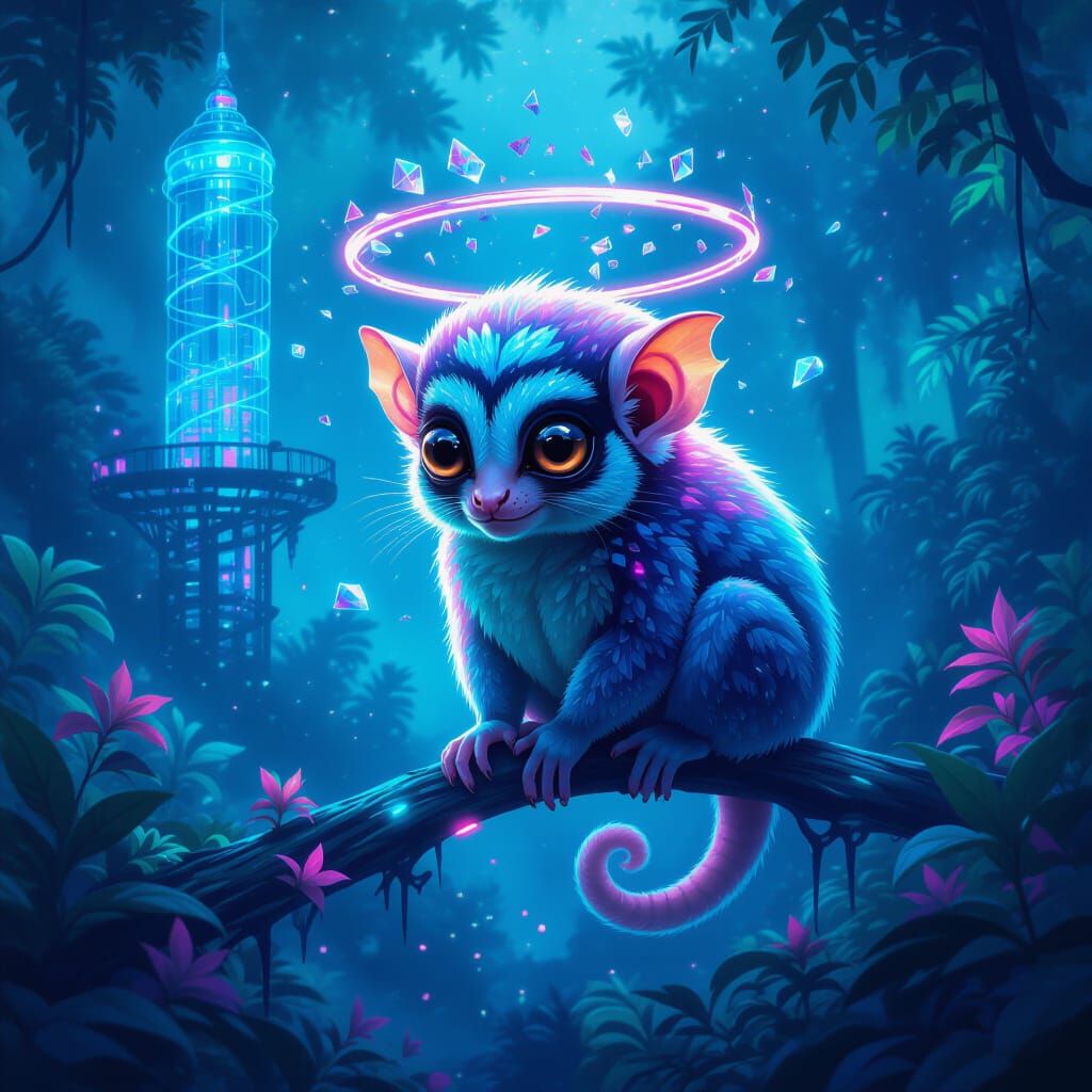 Crystalline Tarsier in Neon Jungle