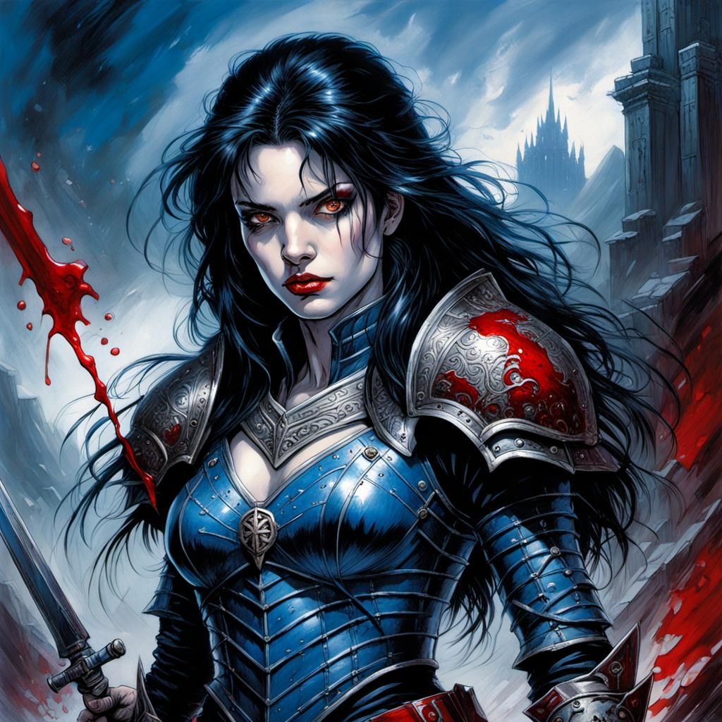 Vampire Warrior in Blue Armor: Comic Book Art