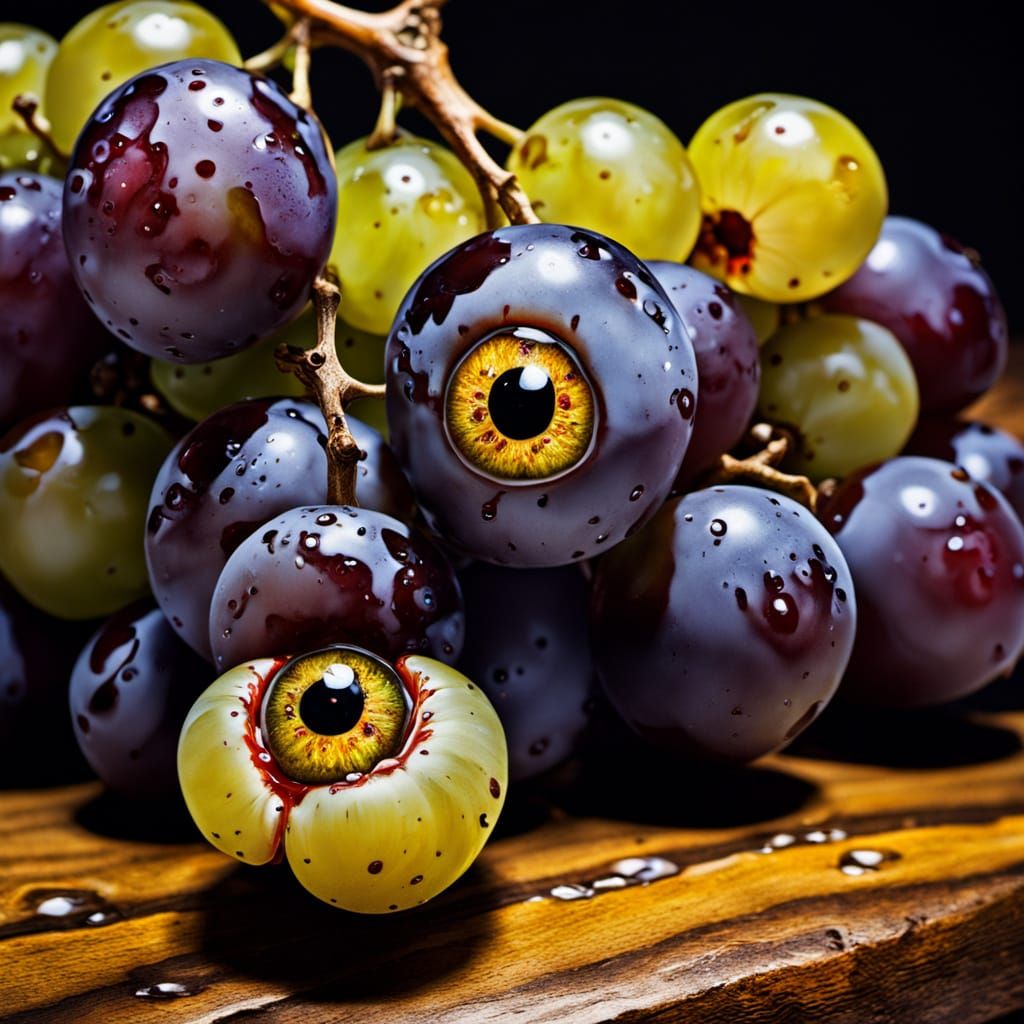 Grapes with Surreal, Melting Eyeballs in Warm Golden Light