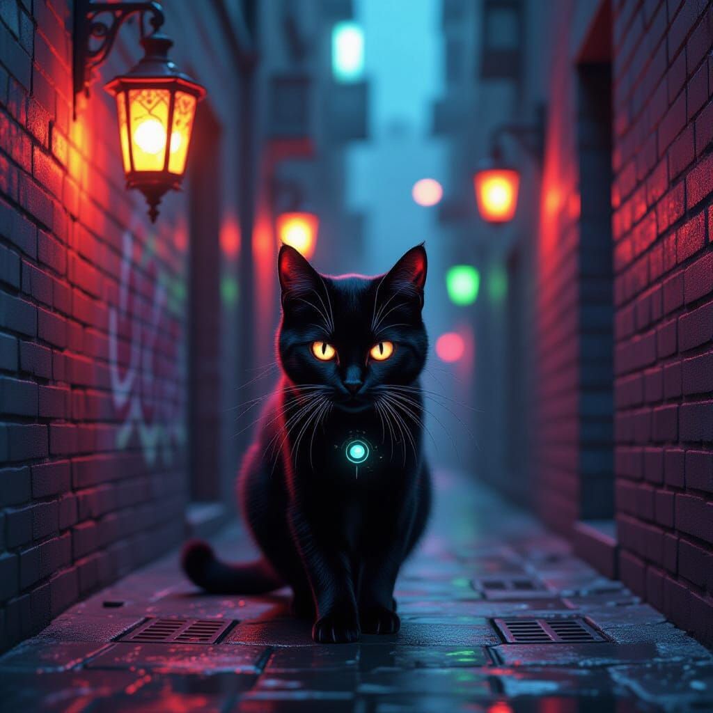 Cyberpunk Cat in Neon Alley with Steampunk Lantern