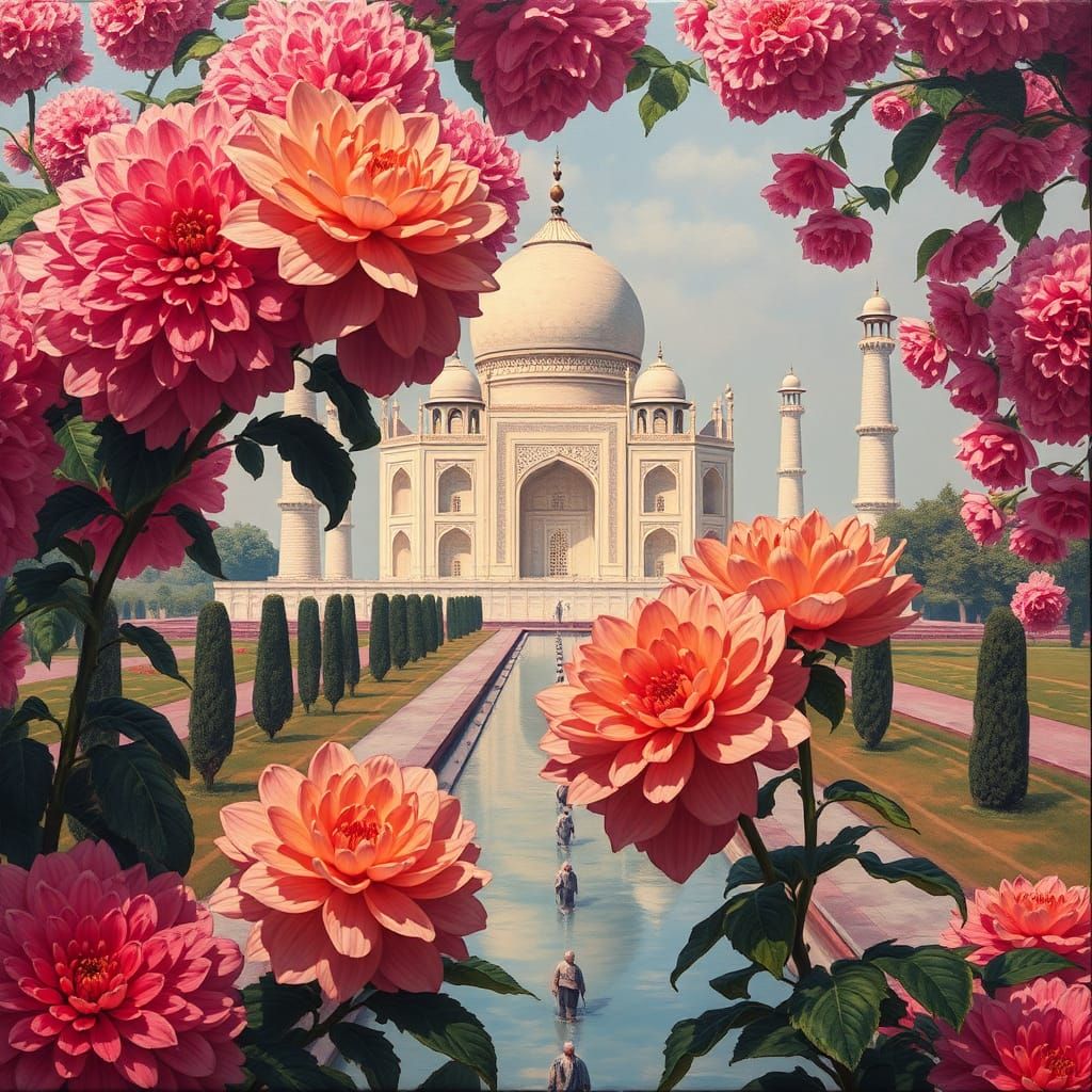 Chrysanthemums and Taj Mahal: Hyperdetailed Oil Painting