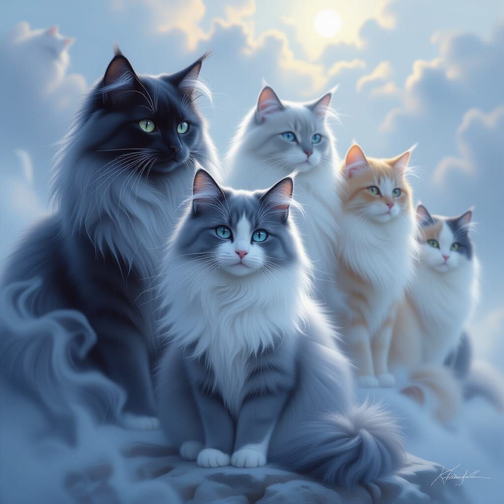 Ethereal Blue Kitten With Ancestors, in Thomas Kinkade Style