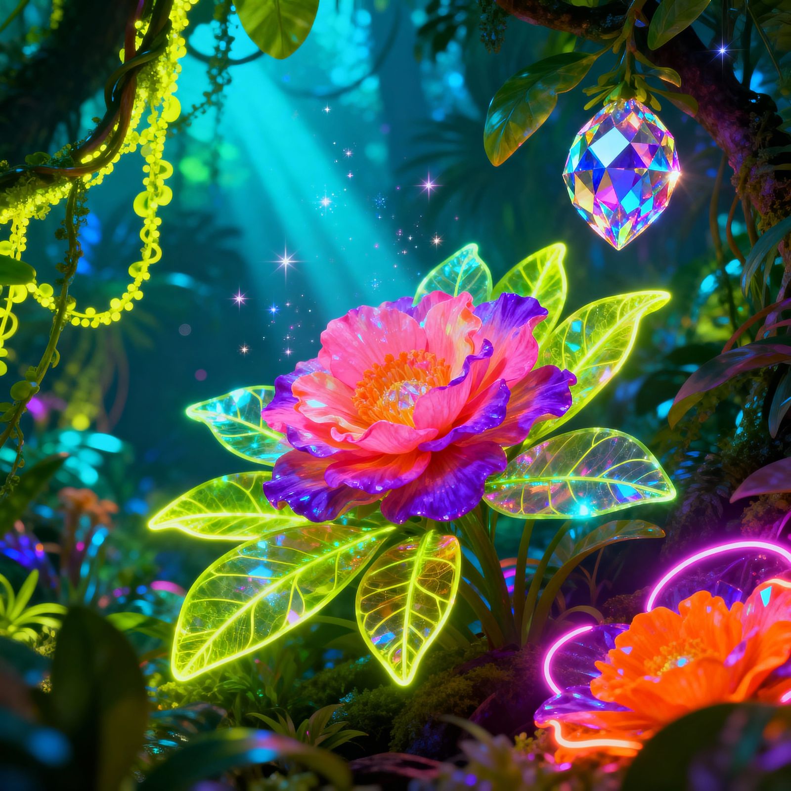 Vibrant Neon Jungle with Exotic Flora and Prismatic Fruits