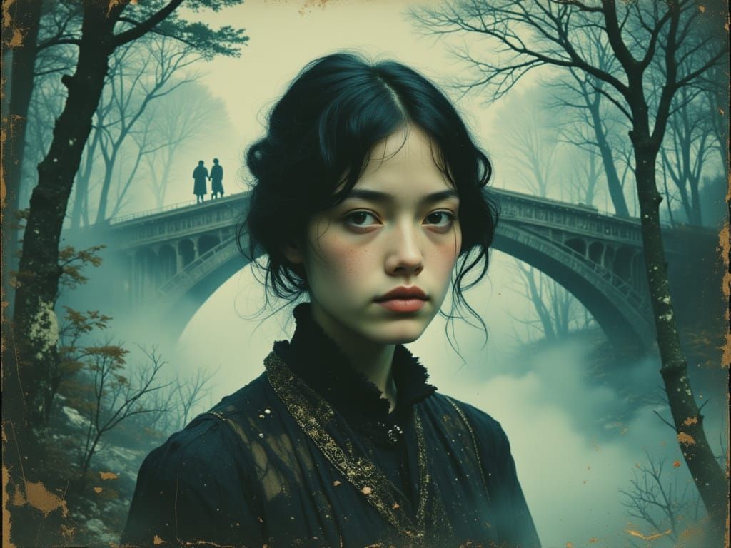 Ethereal Woman on Misty Bridge, Dreamlike Concept Art