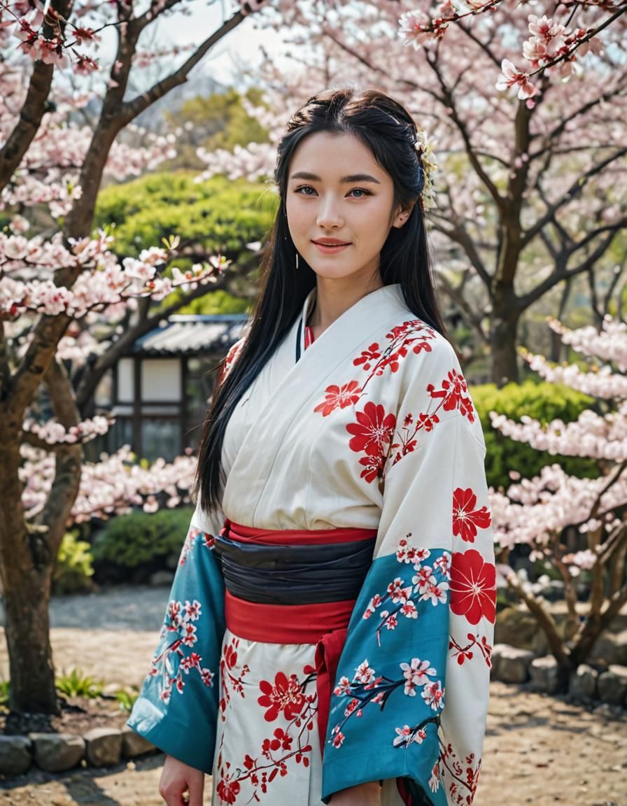 Surreal Geisha Goddess in Whimsical Sakura Garden