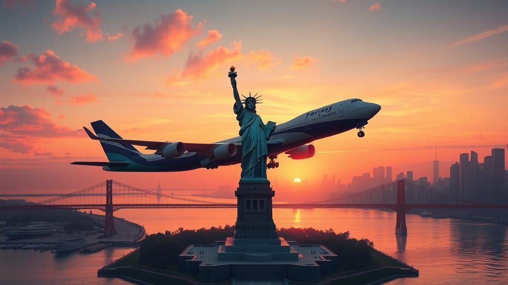 Passenger Plane Over Statue of Liberty at Sunset