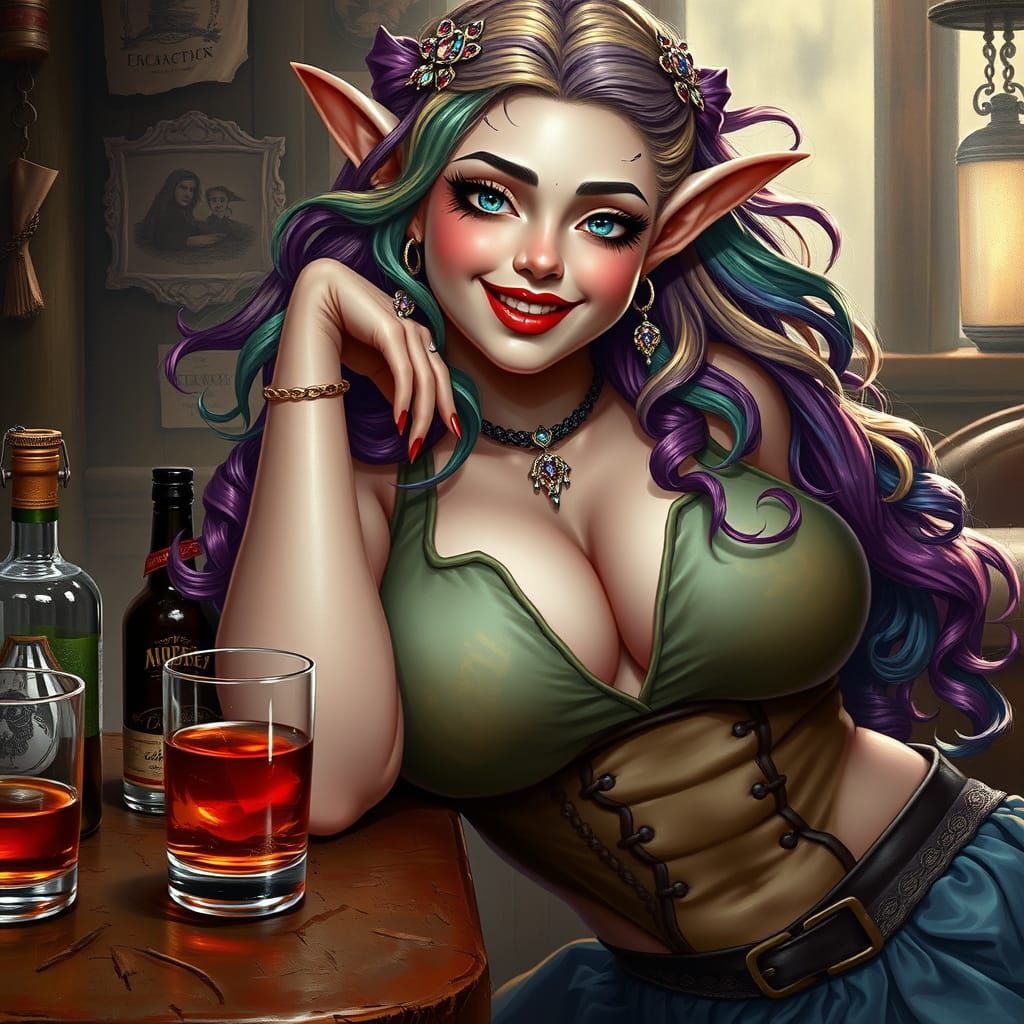 Realistic Portrait of a Curvaceous Elven Woman in a Tavern