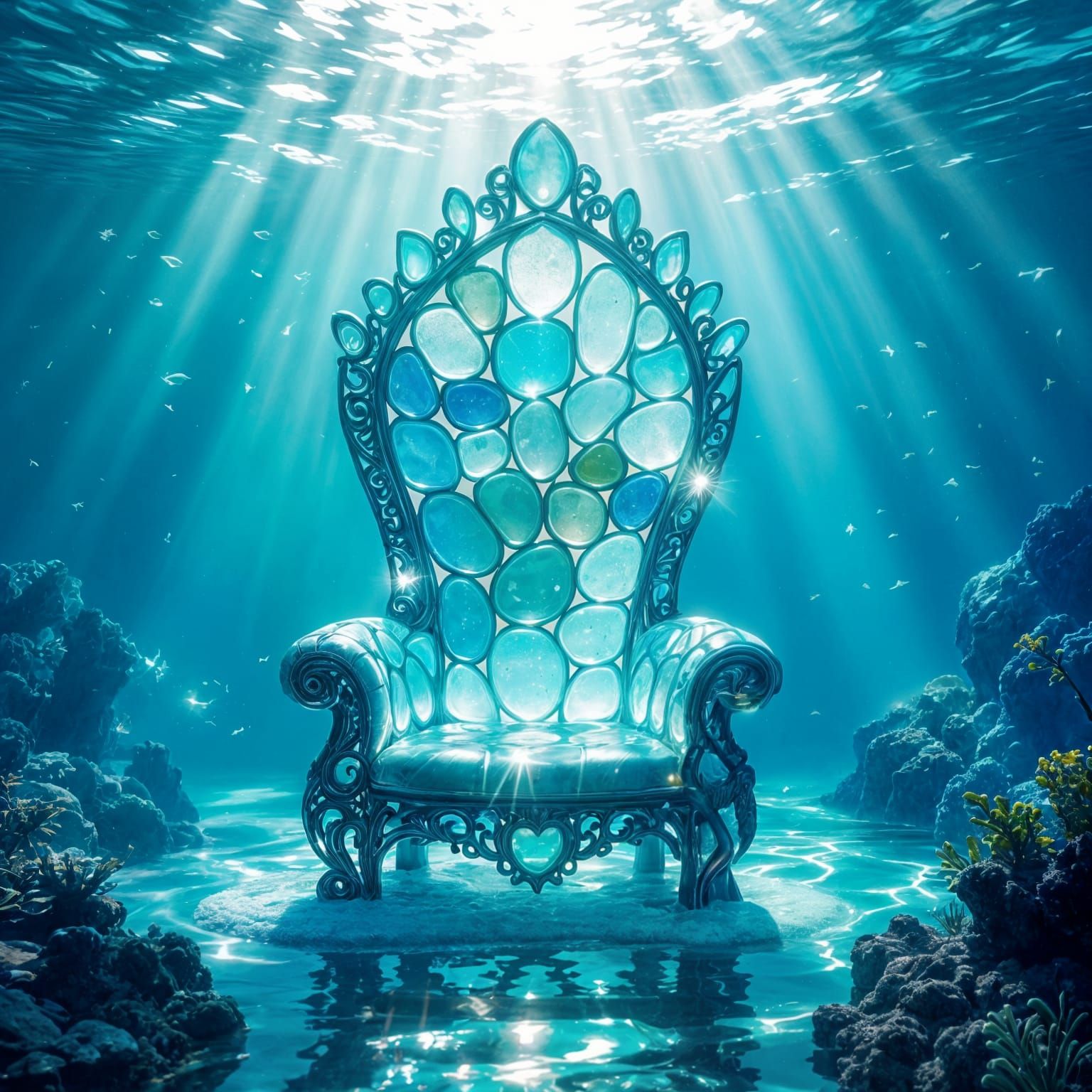 Mermaid Throne of Glowing Sea Glass in Ethereal Light