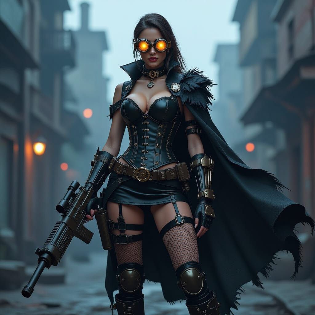 Steampunk Woman Portrait in Gothic Industrial Cityscape