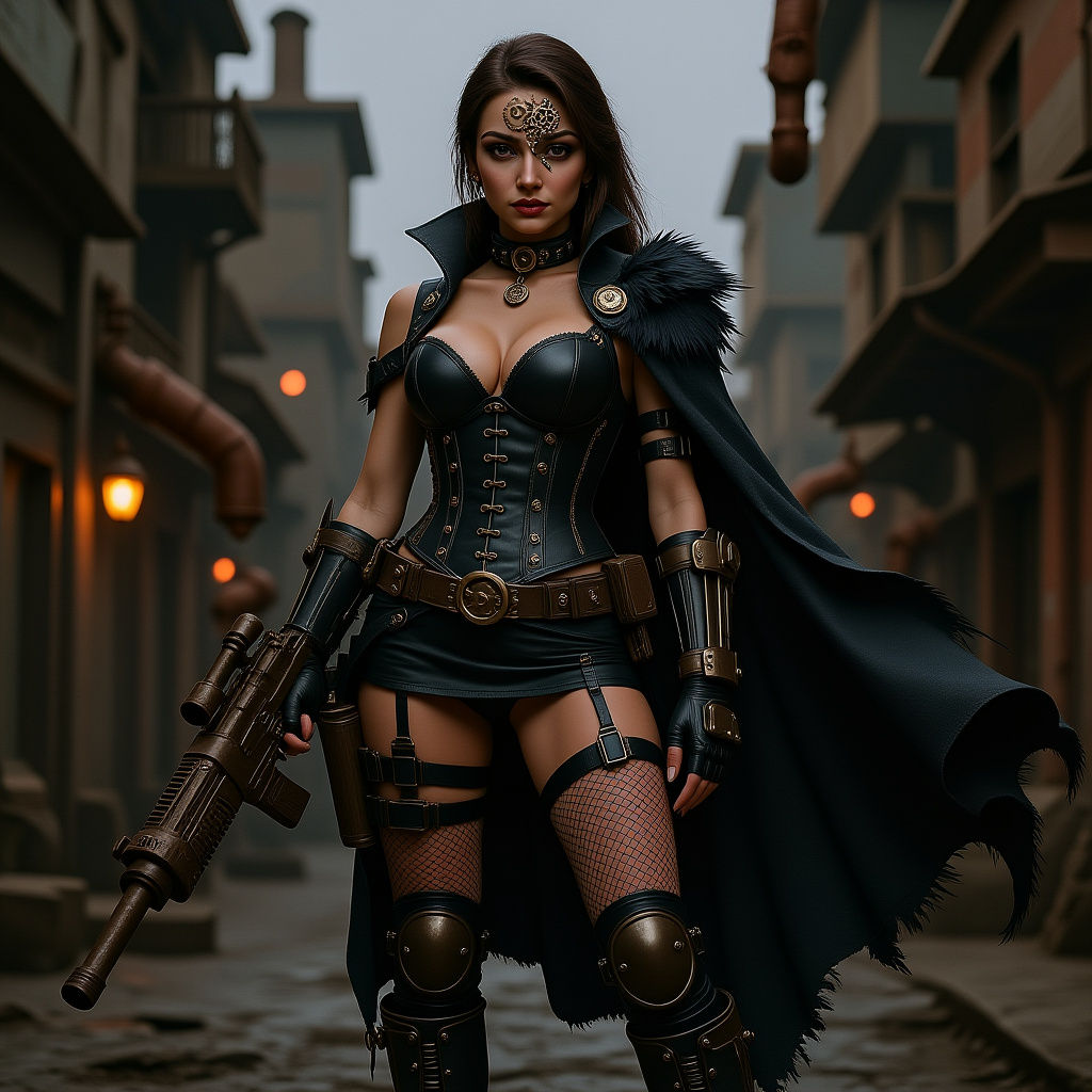 Steampunk Woman with Mechanical Arm in Gothic Cityscape