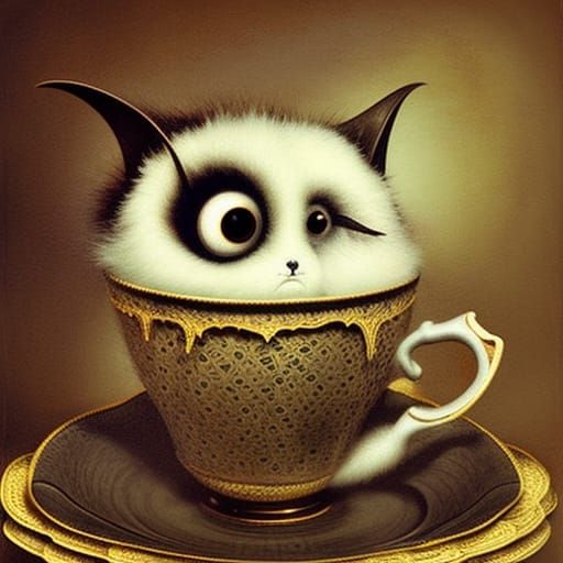 Surreal One-Eyed Bat Monster in Gothic Teacup