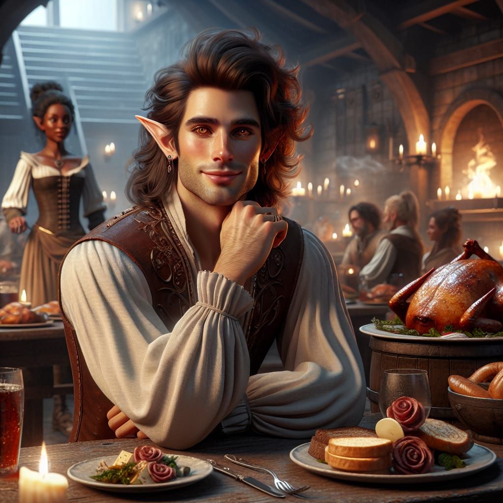 Elf's Medieval Tavern Banquet in Dramatic Lighting
