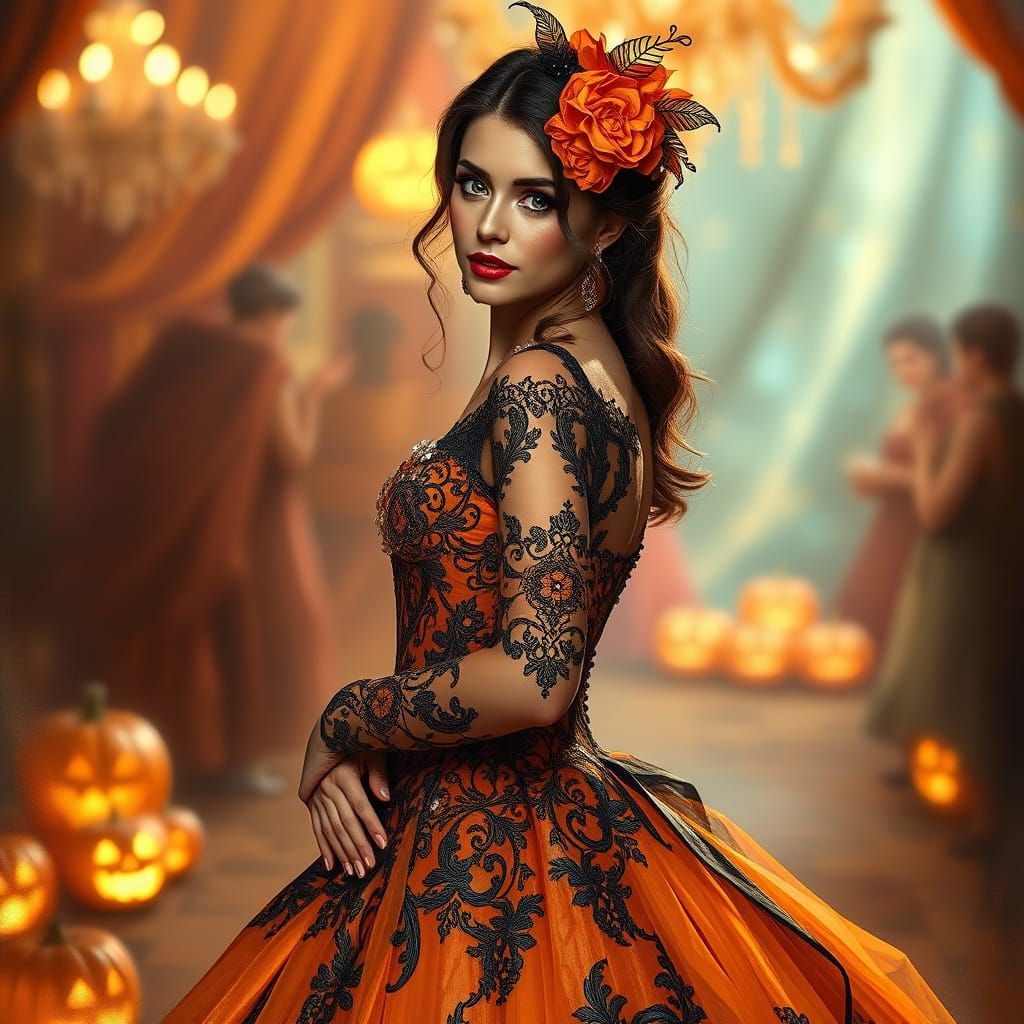 Elegant Woman in Halloween Gown, Art Nouveau Style